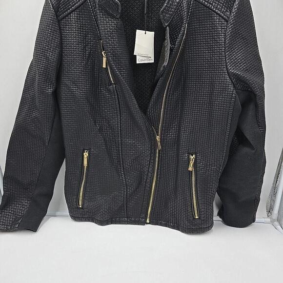 Calvin Klein L Black Vegan Leather Gold Chic Luxury UQ Urban Chic Jacket NWT - Picture 12 of 13